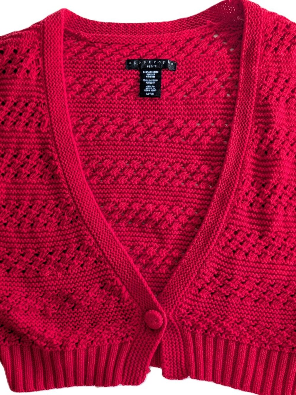 VTG Apostrophe Y2K Red Cotton Cropped Cardigan M Petite Dolman Sleeve Preppy